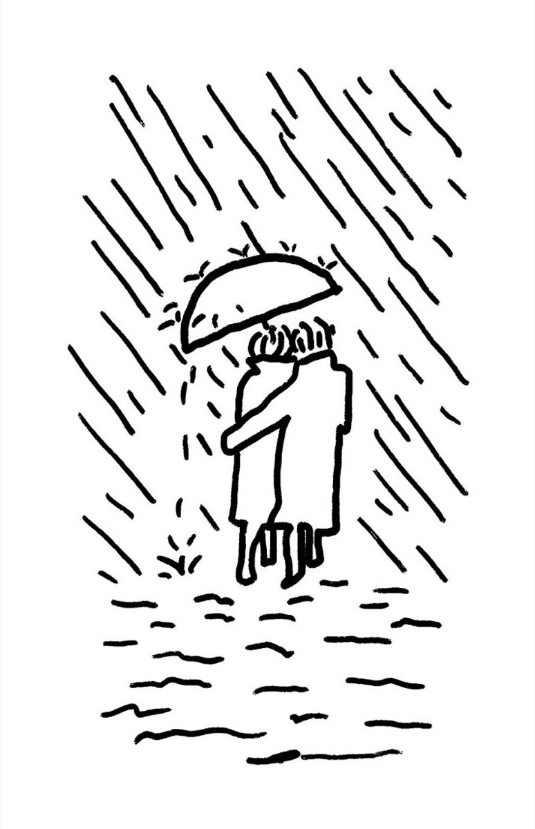 A couple walk away under one umbrella in heavy rain.
